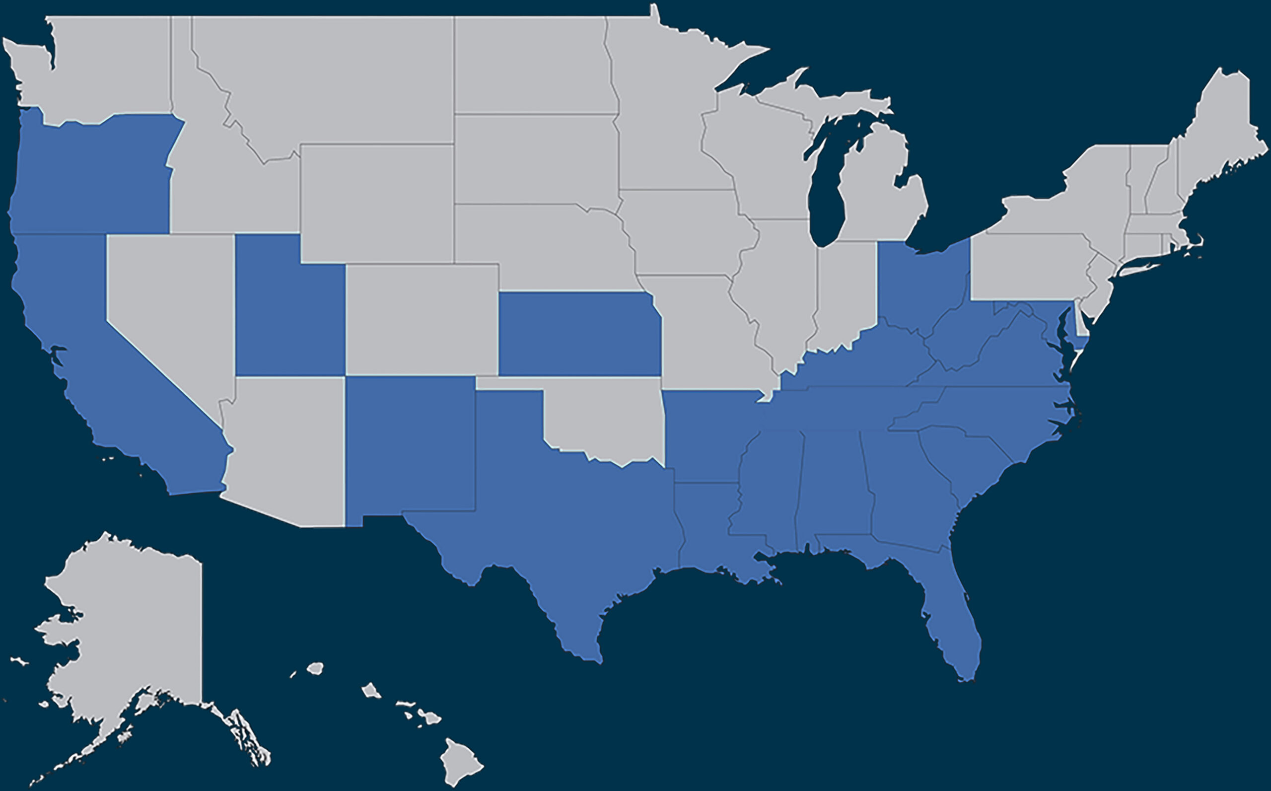 Map of each state that Carter Group has worked with clients in